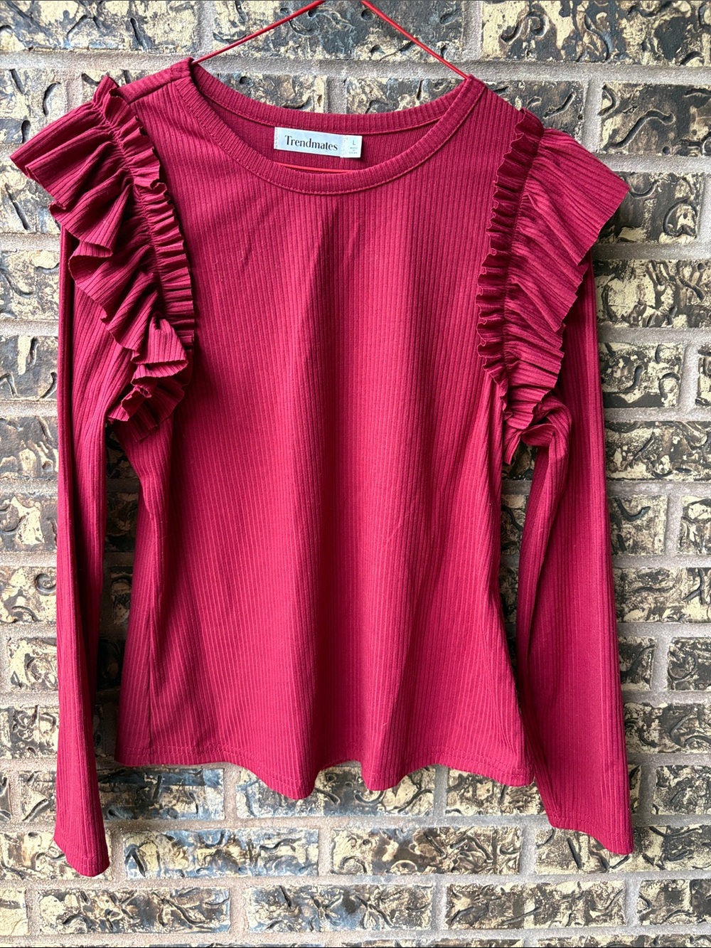 Trendmates Women's Ribbed Ruffle Shoulder Long-Sleeve Top, Large